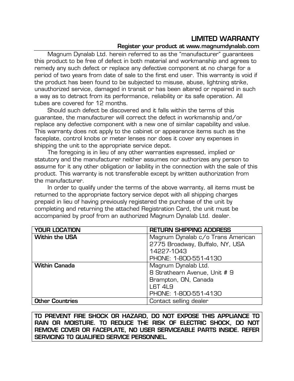 Limited warranty, Limited warranty 19 | Magnum Dynalab MD-109 User Manual | Page 19 / 19
