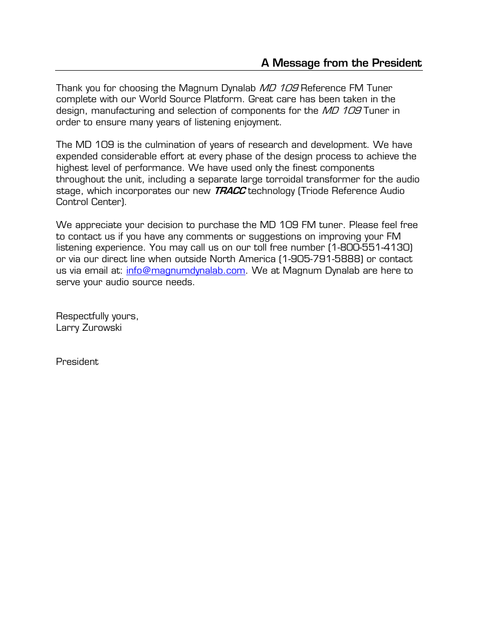 A message from the president | Magnum Dynalab MD-109 User Manual | Page 3 / 19