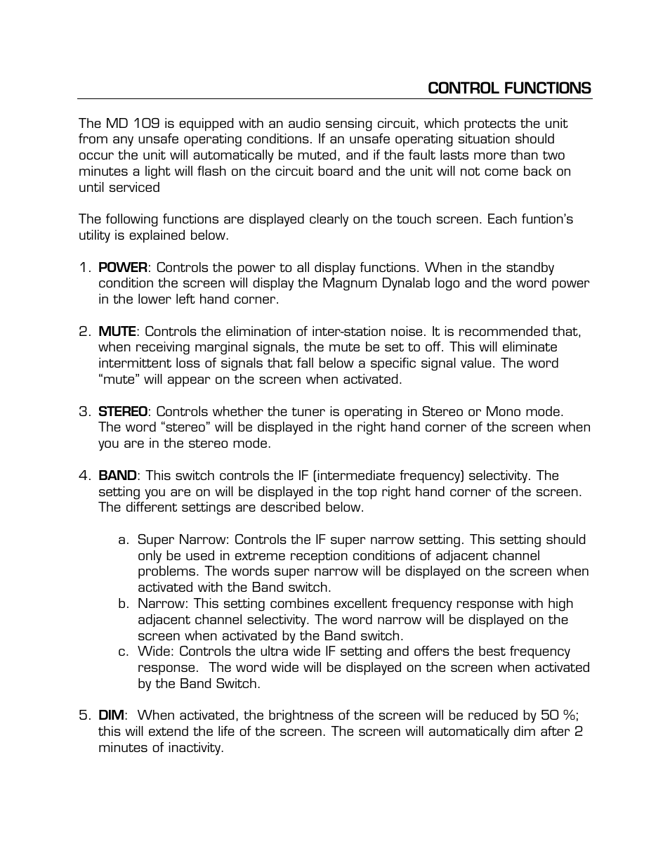 Control functions | Magnum Dynalab MD-109 User Manual | Page 5 / 19