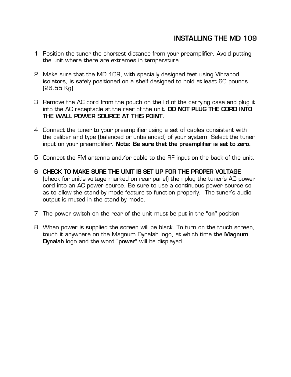 Installing the md 109 | Magnum Dynalab MD-109 User Manual | Page 7 / 19