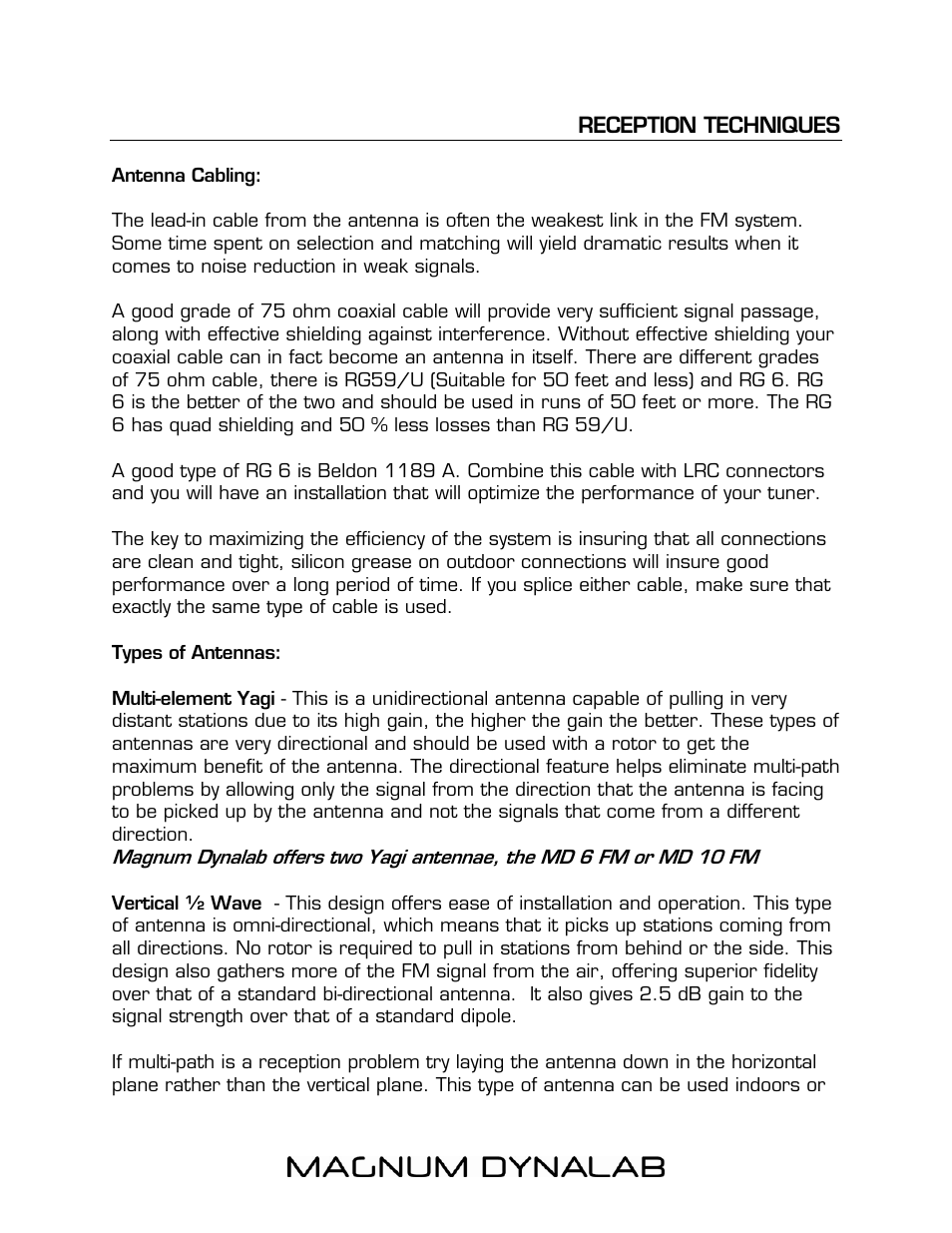 Reception techniques, Antenna cabling, Types of antennas | Magnum Dynalab MD-108T User Manual | Page 12 / 16