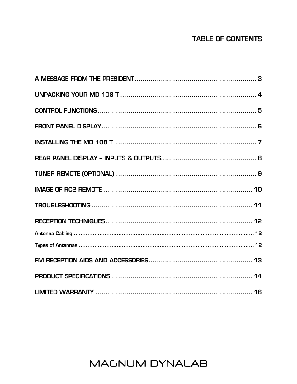 Table of content | Magnum Dynalab MD-108T User Manual | Page 2 / 16