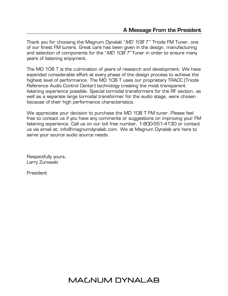 A message from the president | Magnum Dynalab MD-108T User Manual | Page 3 / 16