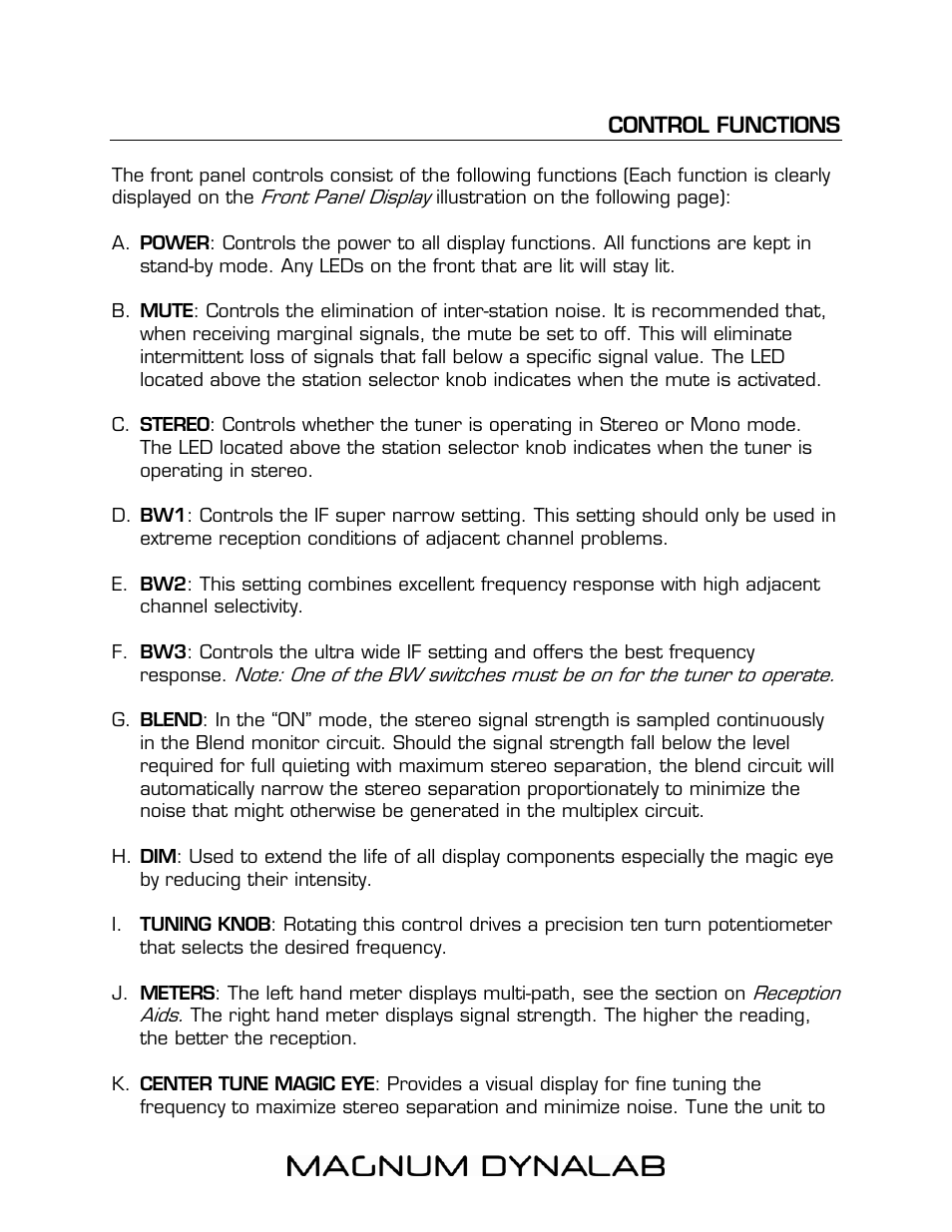 Control functions | Magnum Dynalab MD-108T User Manual | Page 5 / 16