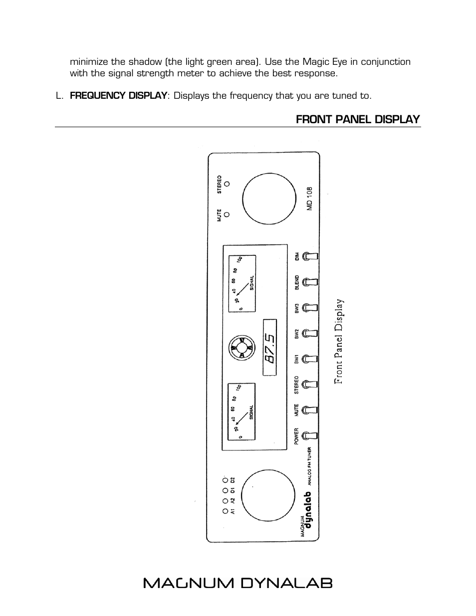 Front panel display | Magnum Dynalab MD-108T User Manual | Page 6 / 16