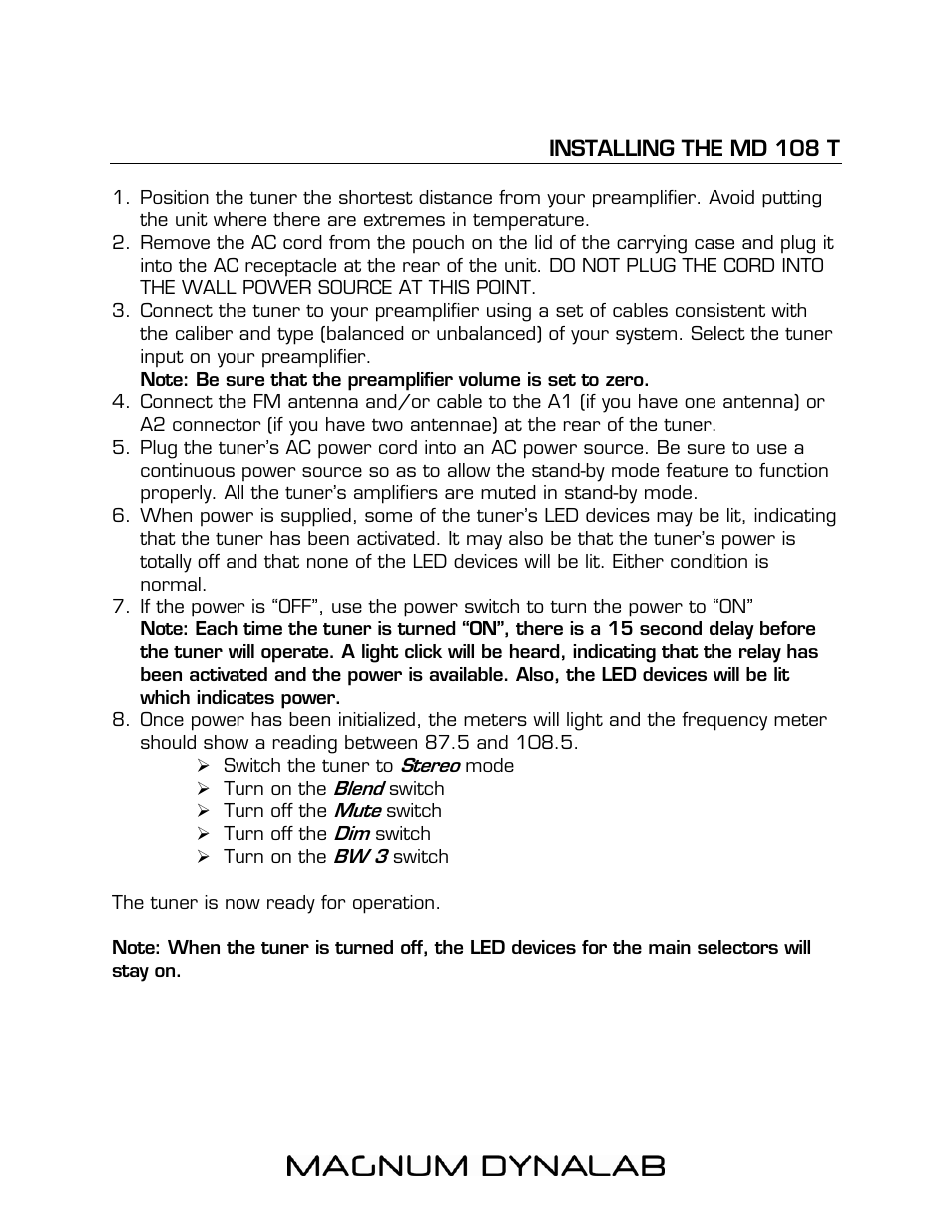 Installing the md 108 t | Magnum Dynalab MD-108T User Manual | Page 7 / 16