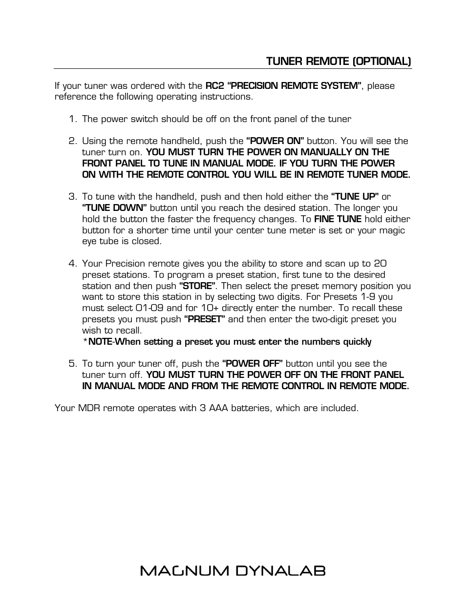 Tuner remote (optional) | Magnum Dynalab MD-108T User Manual | Page 9 / 16