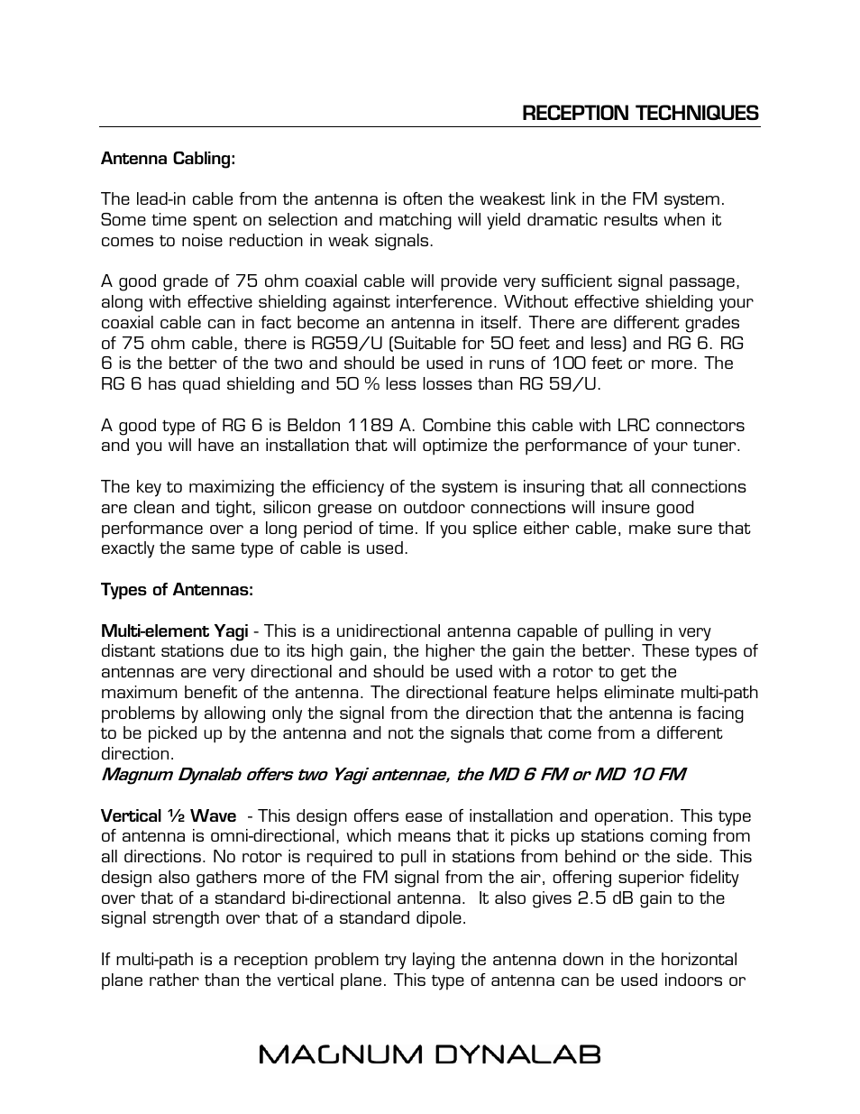 Reception techniques, Antenna cabling, Reception techniques 12 | Types of antennas | Magnum Dynalab MD-106T User Manual | Page 12 / 16