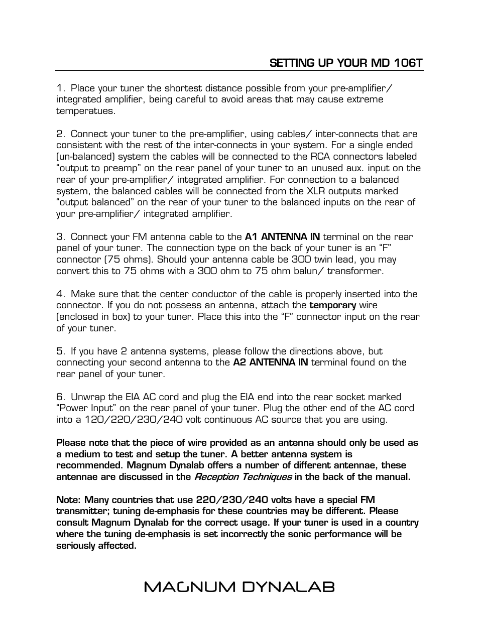 Setting up your md 106t | Magnum Dynalab MD-106T User Manual | Page 5 / 16