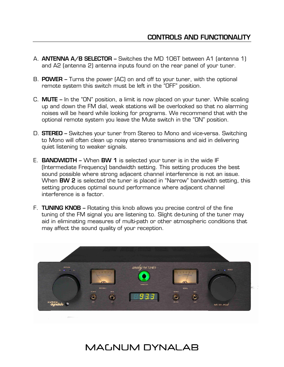 Controls and functionality | Magnum Dynalab MD-106T User Manual | Page 6 / 16
