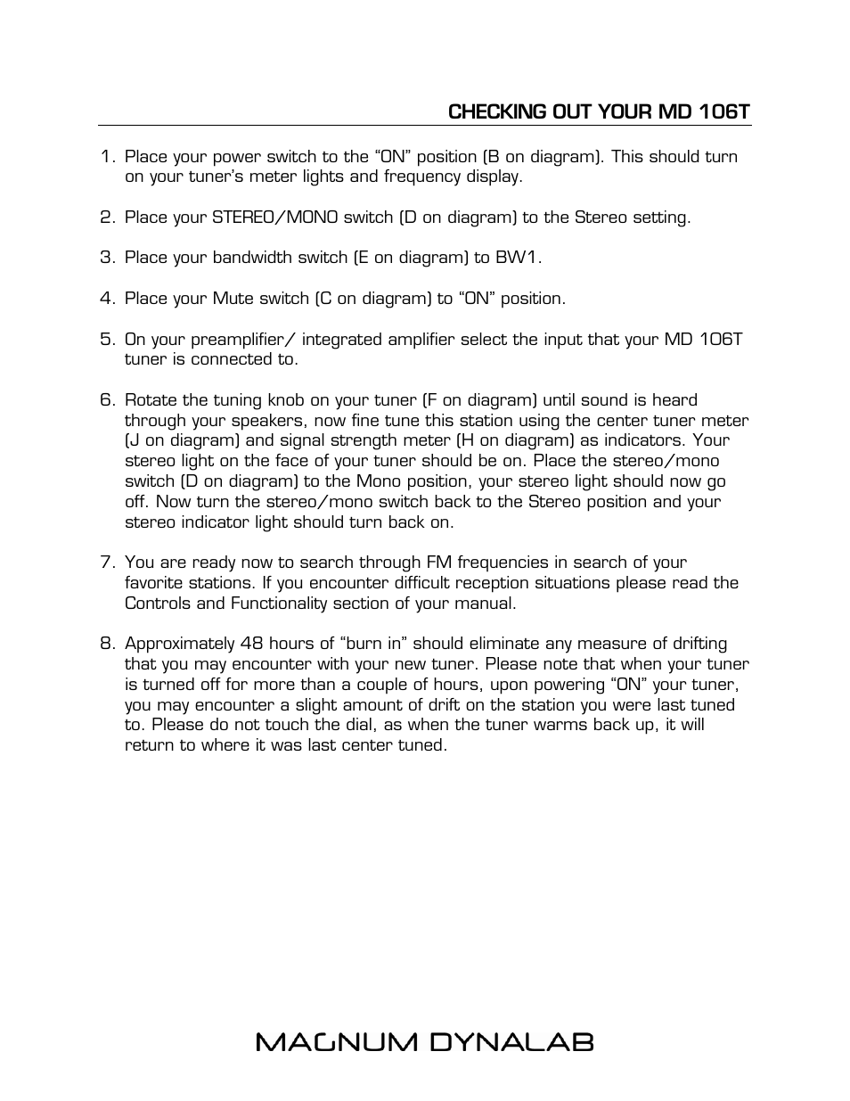 Checking out your md 106t | Magnum Dynalab MD-106T User Manual | Page 8 / 16