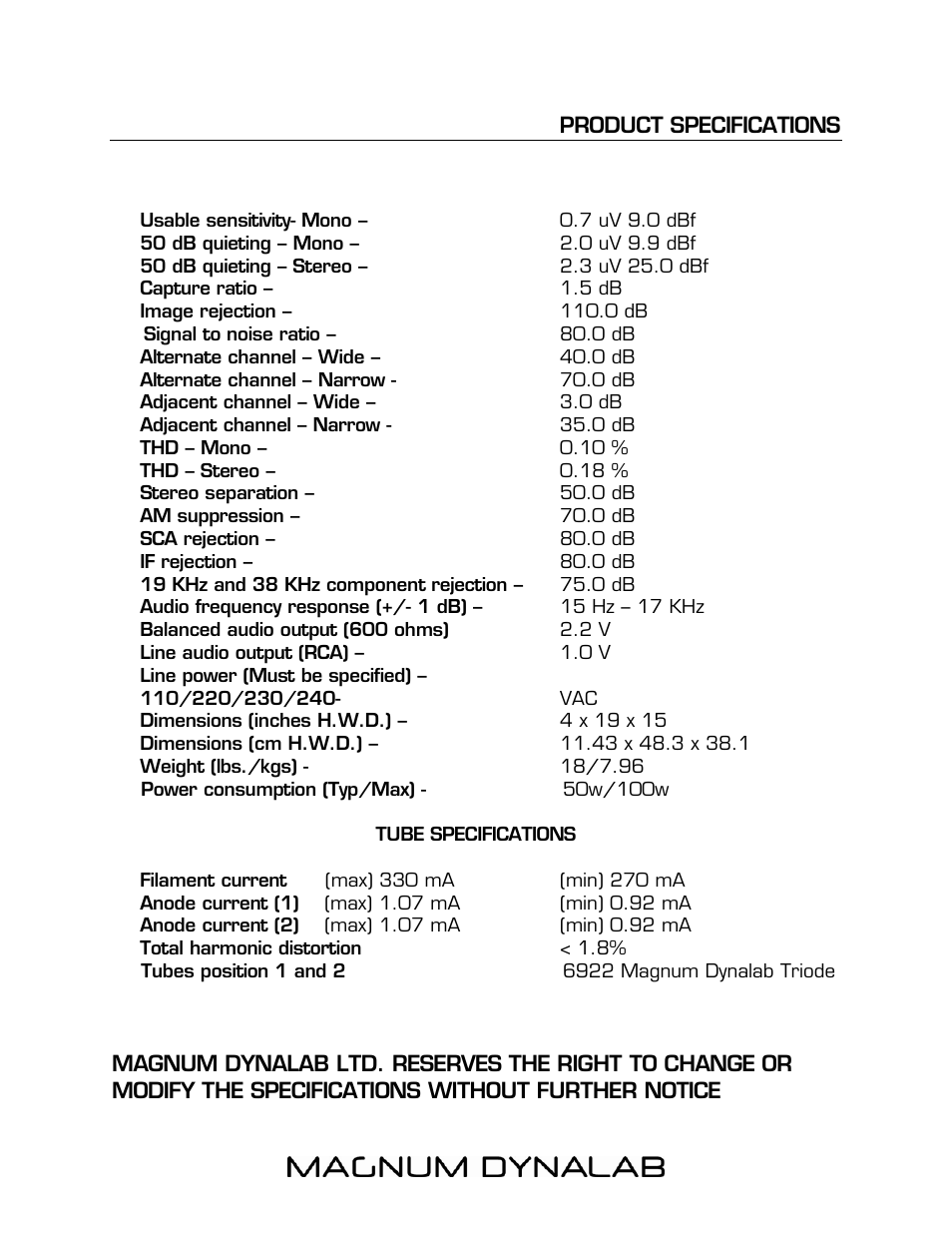 Usable sensitivity- mono – 0.7 uv 9.0 dbf, Signal to noise ratio – 80.0 db, Product specifications 14 | Magnum Dynalab MD-102T User Manual | Page 14 / 16