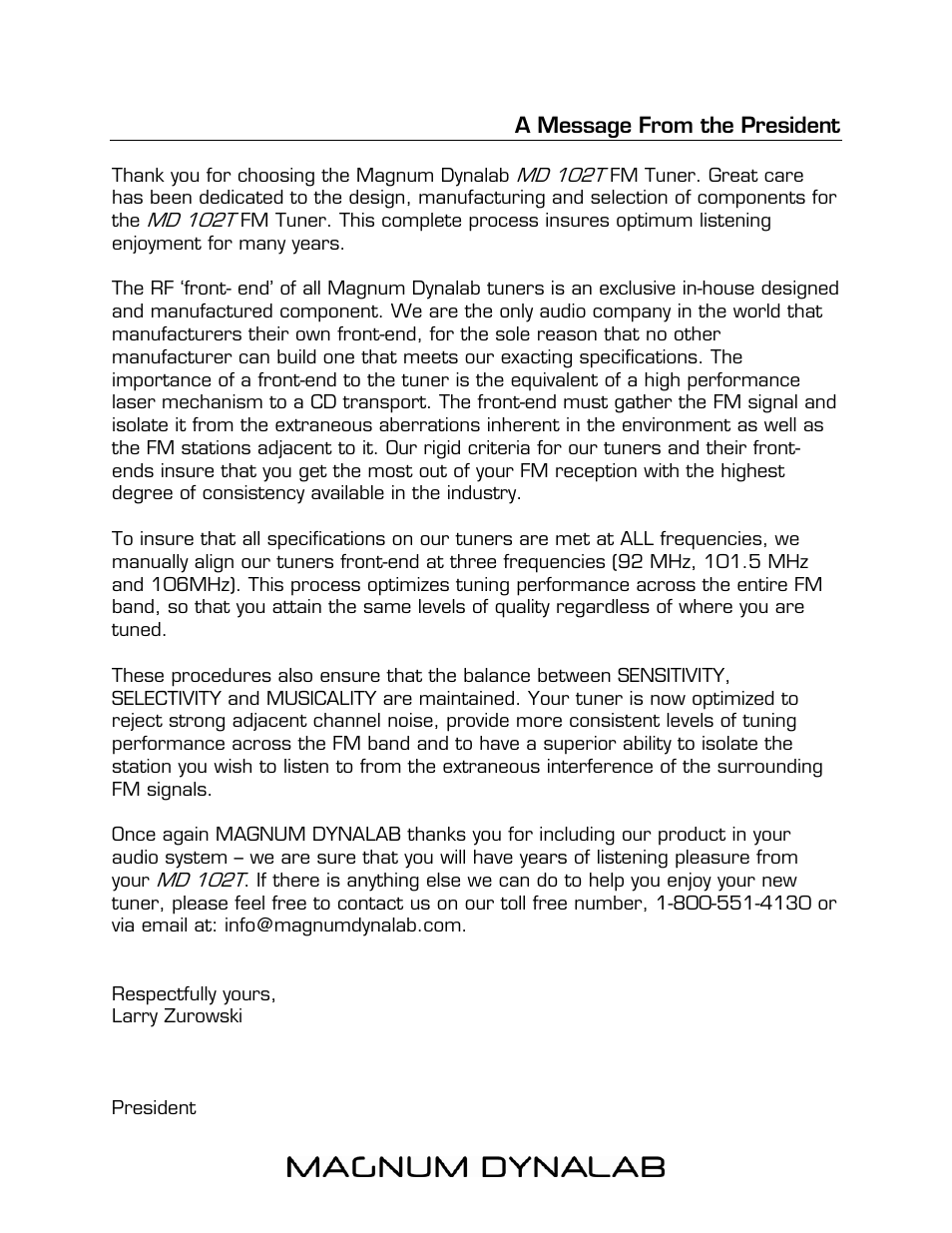 A message from the president | Magnum Dynalab MD-102T User Manual | Page 3 / 16