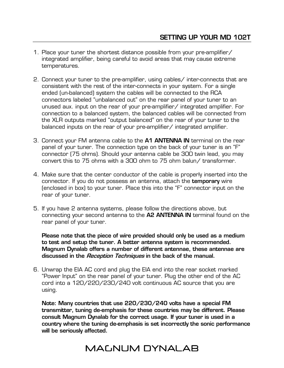 Setting up your md 102t | Magnum Dynalab MD-102T User Manual | Page 5 / 16