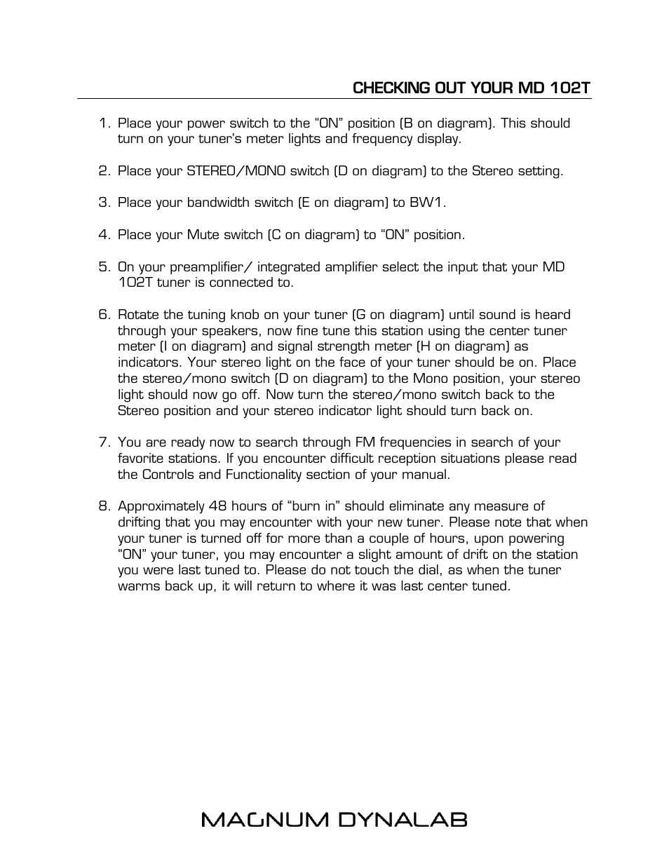 Checking out your md 102t | Magnum Dynalab MD-102T User Manual | Page 8 / 16