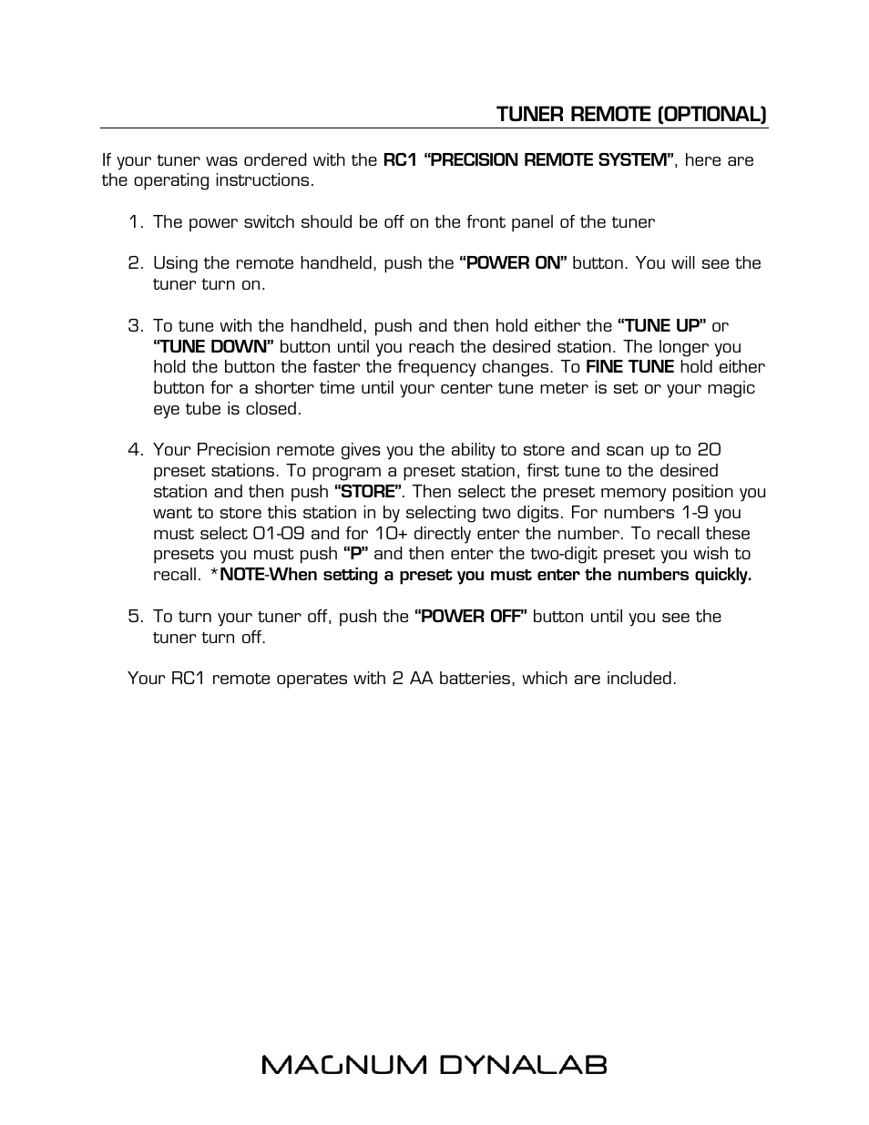 Tuner remote (optional) | Magnum Dynalab MD-102T User Manual | Page 9 / 16