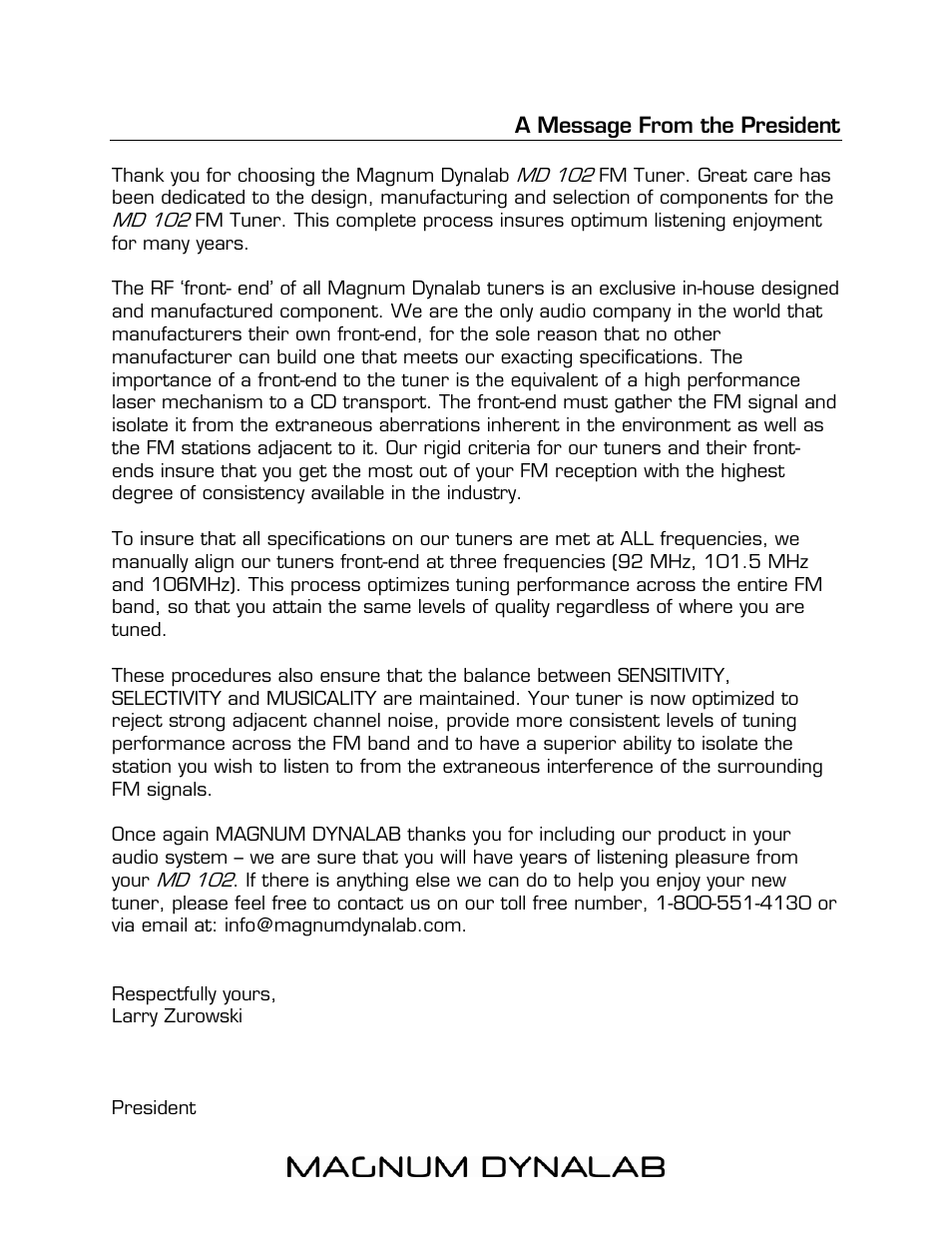 A message from the president | Magnum Dynalab MD-102 User Manual | Page 3 / 16