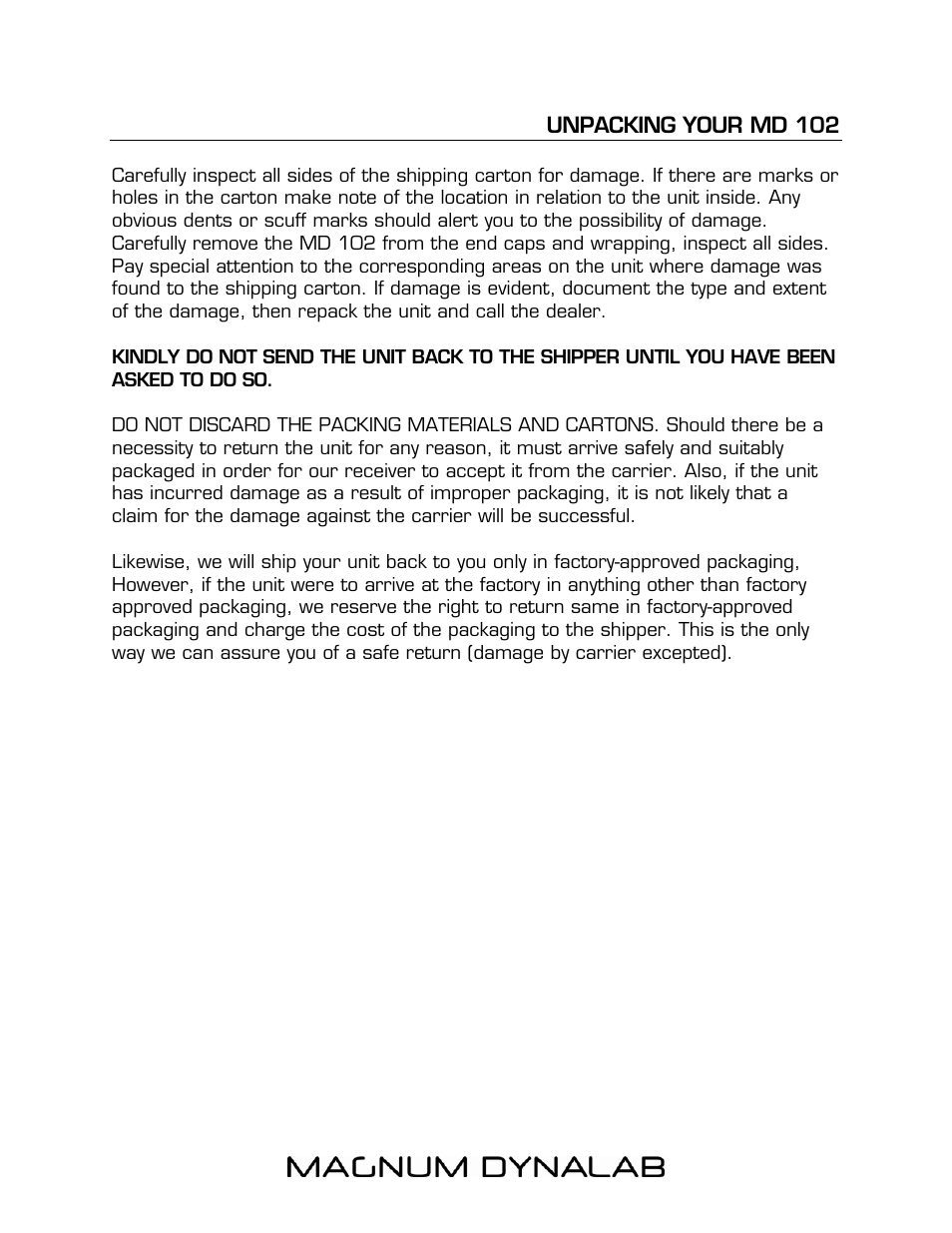 Unpacking your md 102 | Magnum Dynalab MD-102 User Manual | Page 4 / 16