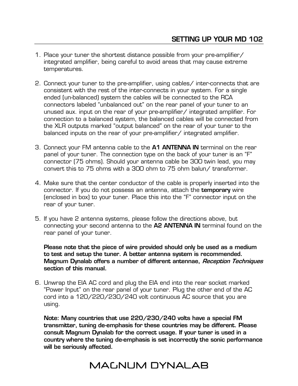 Setting up your md 102 | Magnum Dynalab MD-102 User Manual | Page 5 / 16