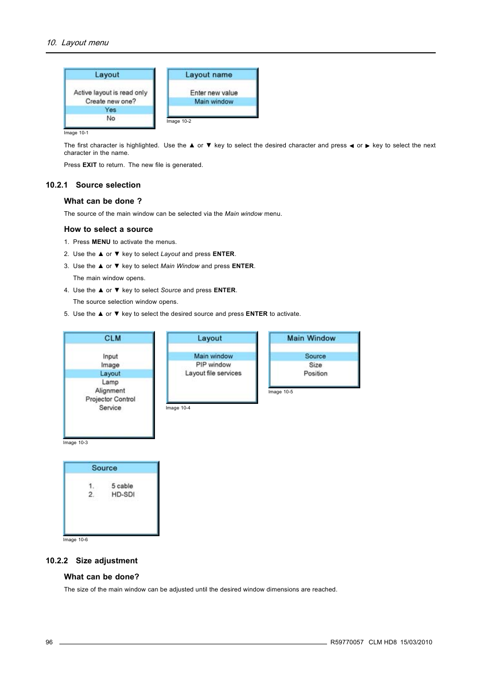 1 source selection, 2 size adjustment, 1 source selection 10.2.2 size adjustment | Source selection, Size adjustment, Layout menu | Barco CLM HD8 R9050130 User Manual | Page 100 / 231