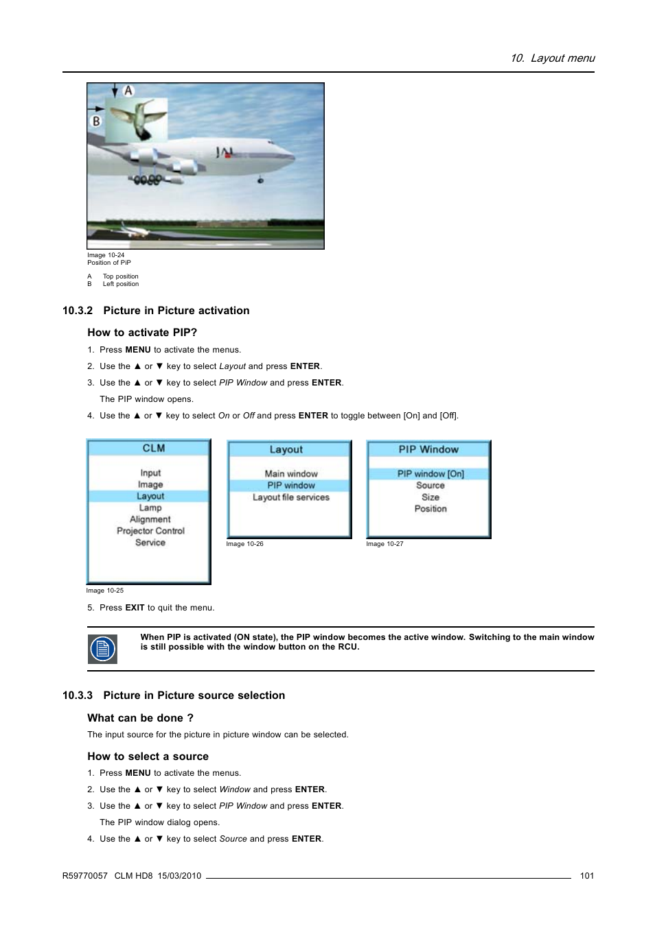 2 picture in picture activation, 3 picture in picture source selection, Picture in picture activation | Picture in picture source selection, Layout menu | Barco CLM HD8 R9050130 User Manual | Page 105 / 231