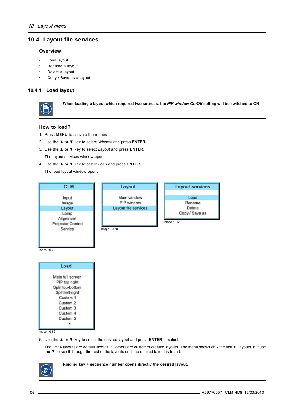 4 layout file services, 1 load layout, Layout file services | Layout menu | Barco CLM HD8 R9050130 User Manual | Page 110 / 231