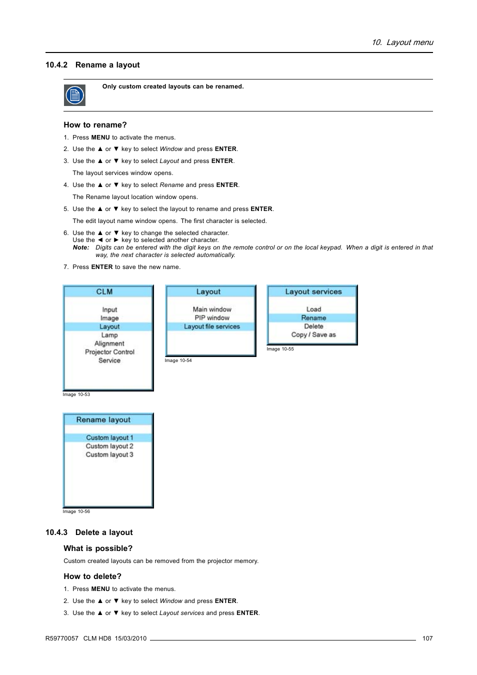 2 rename a layout, 3 delete a layout, 2 rename a layout 10.4.3 delete a layout | Rename a layout, Delete a layout, Layout menu | Barco CLM HD8 R9050130 User Manual | Page 111 / 231