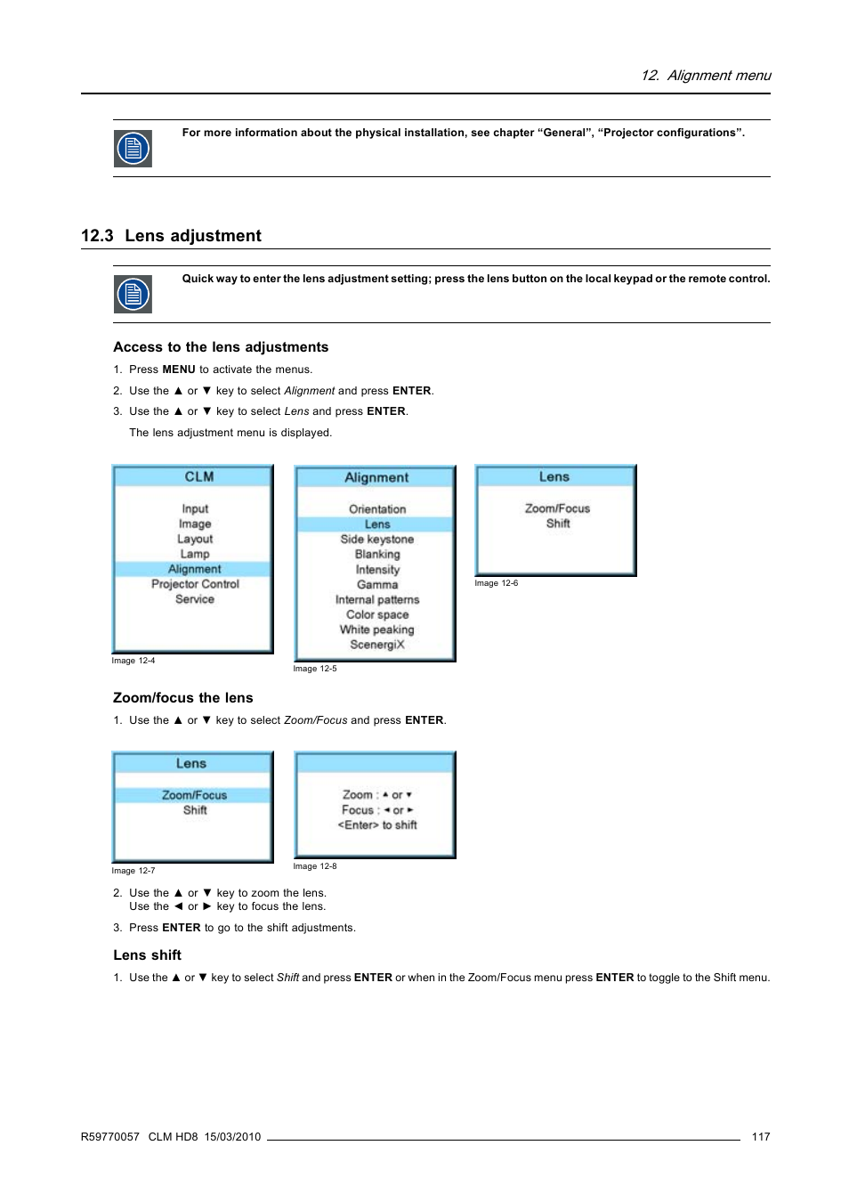 3 lens adjustment, Lens adjustment, Alignment menu | Barco CLM HD8 R9050130 User Manual | Page 121 / 231