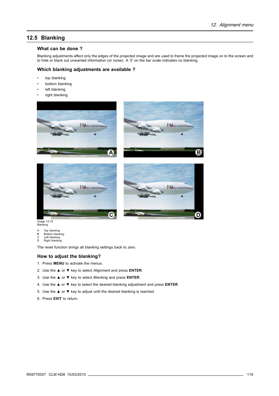 5 blanking, Blanking, Alignment menu | Barco CLM HD8 R9050130 User Manual | Page 123 / 231