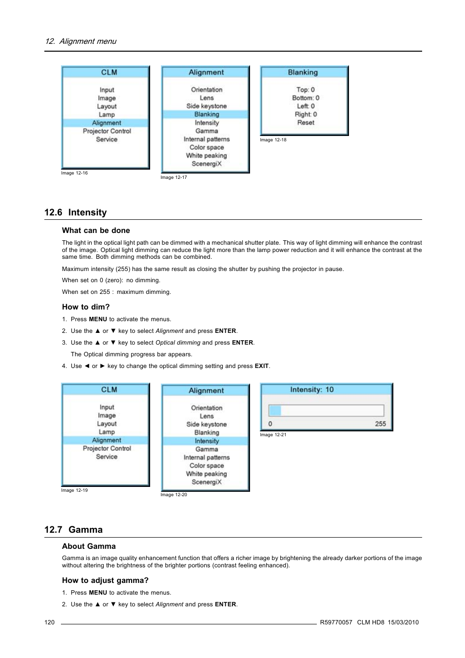 6 intensity, 7 gamma, 6 intensity 12.7 gamma | Intensity, Gamma, Alignment menu | Barco CLM HD8 R9050130 User Manual | Page 124 / 231