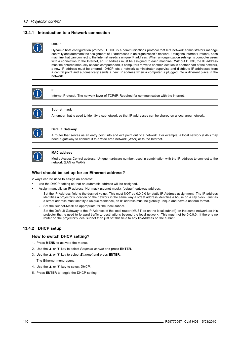 1 introduction to a network connection, 2 dhcp setup, Introduction to a network connection | Dhcp setup, Projector control | Barco CLM HD8 R9050130 User Manual | Page 144 / 231