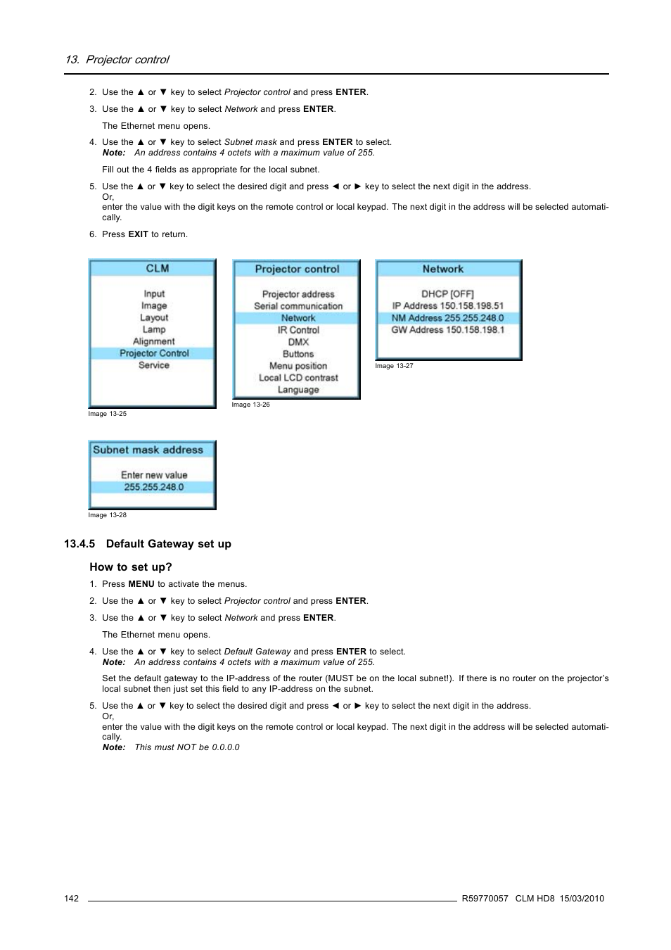 5 default gateway set up, Default gateway set up, Projector control | Barco CLM HD8 R9050130 User Manual | Page 146 / 231