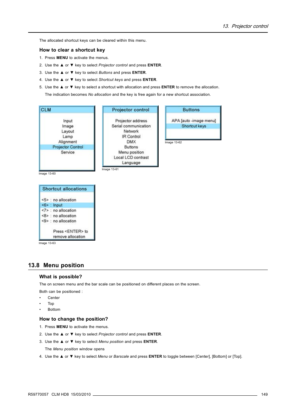 8 menu position, Menu position, Projector control | Barco CLM HD8 R9050130 User Manual | Page 153 / 231