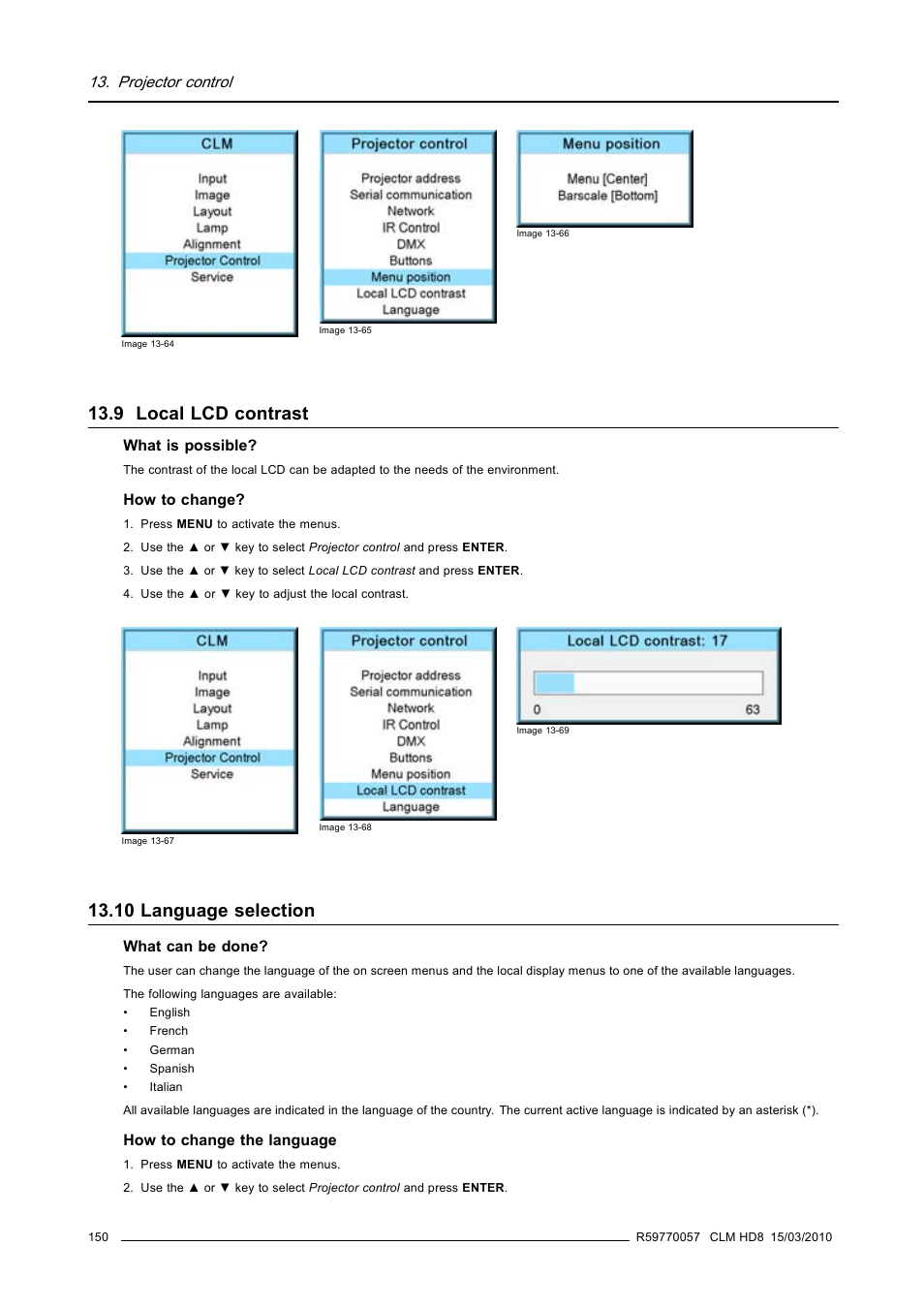 9 local lcd contrast, 10 language selection, 9 local lcd contrast 13.10 language selection | Local lcd contrast, Language selection, Projector control | Barco CLM HD8 R9050130 User Manual | Page 154 / 231