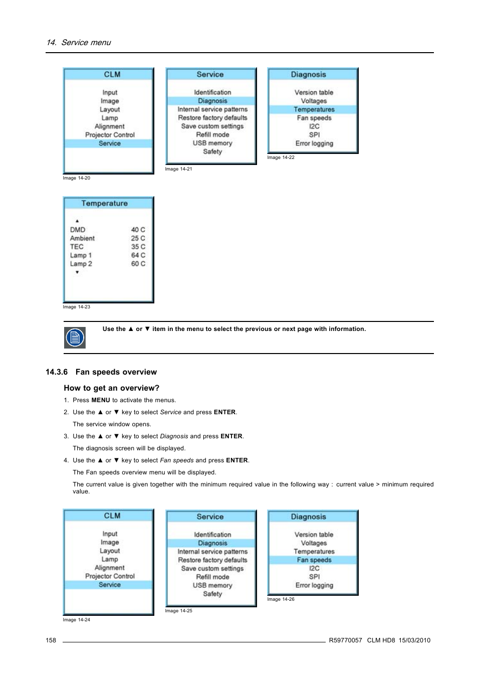 6 fan speeds overview, Service menu, 6 fan speeds overview how to get an overview | Barco CLM HD8 R9050130 User Manual | Page 162 / 231