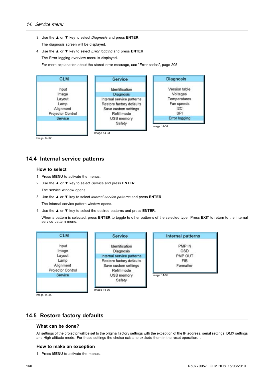 4 internal service patterns, 5 restore factory defaults, Internal service patterns | Restore factory defaults, Service menu | Barco CLM HD8 R9050130 User Manual | Page 164 / 231