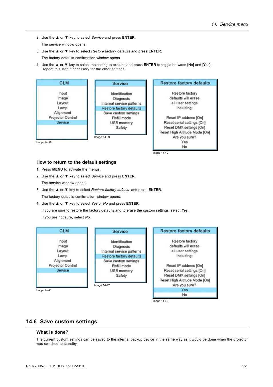 6 save custom settings, Save custom settings, Service menu | Barco CLM HD8 R9050130 User Manual | Page 165 / 231