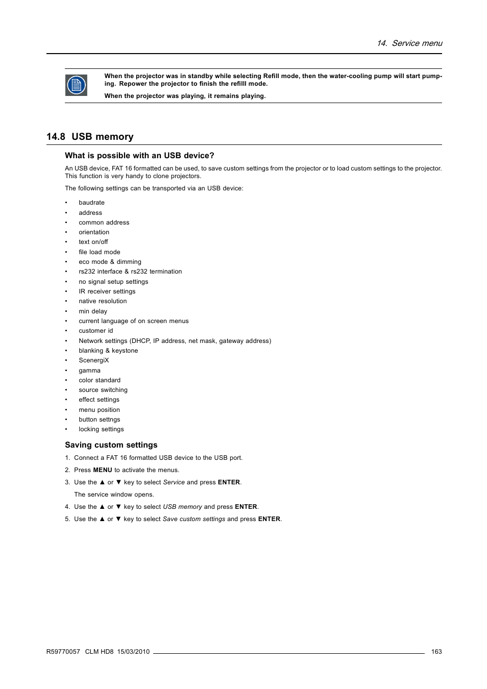 8 usb memory, Usb memory, Service menu | Barco CLM HD8 R9050130 User Manual | Page 167 / 231