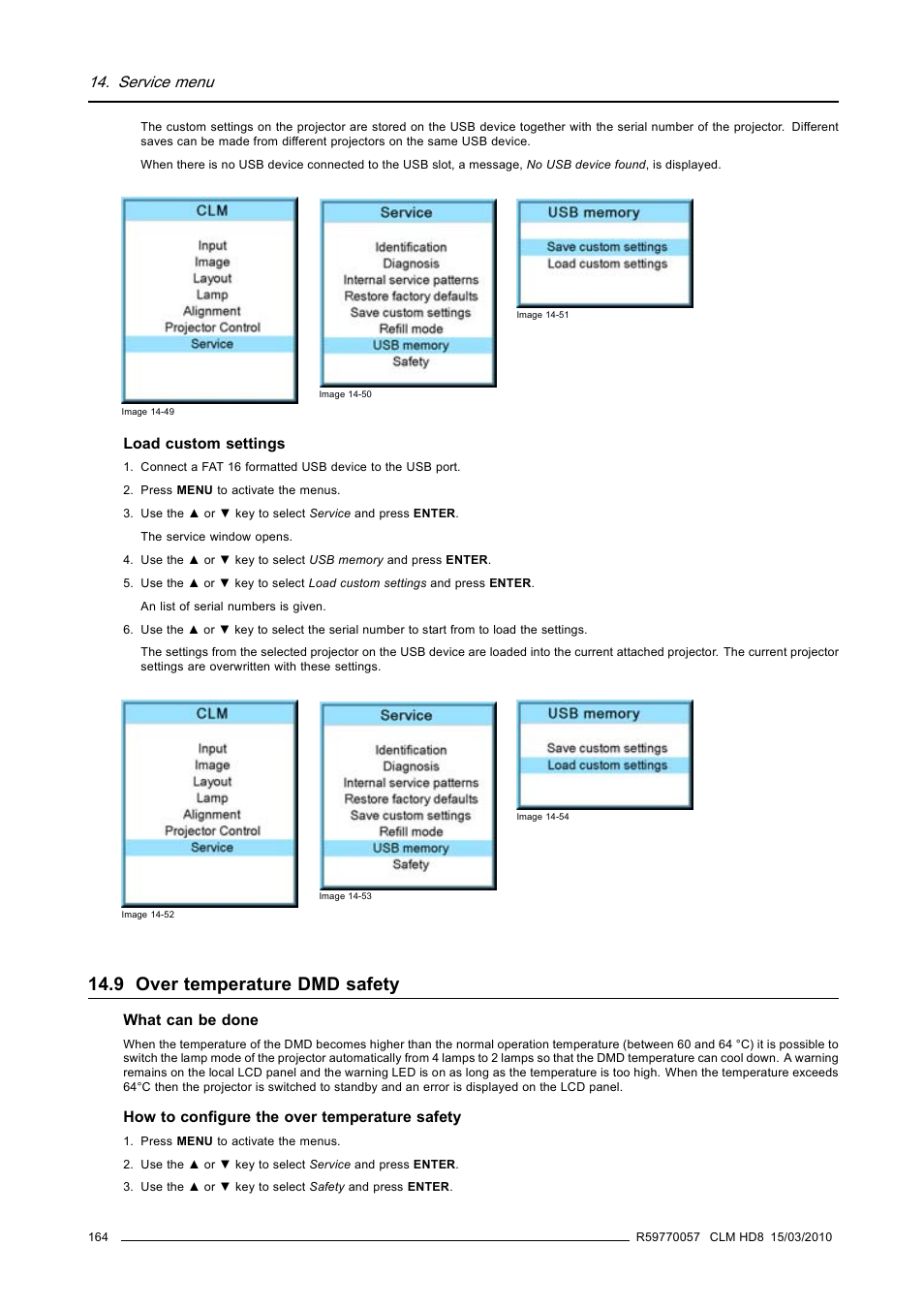 9 over temperature dmd safety, Over temperature dmd safety, Service menu | Barco CLM HD8 R9050130 User Manual | Page 168 / 231