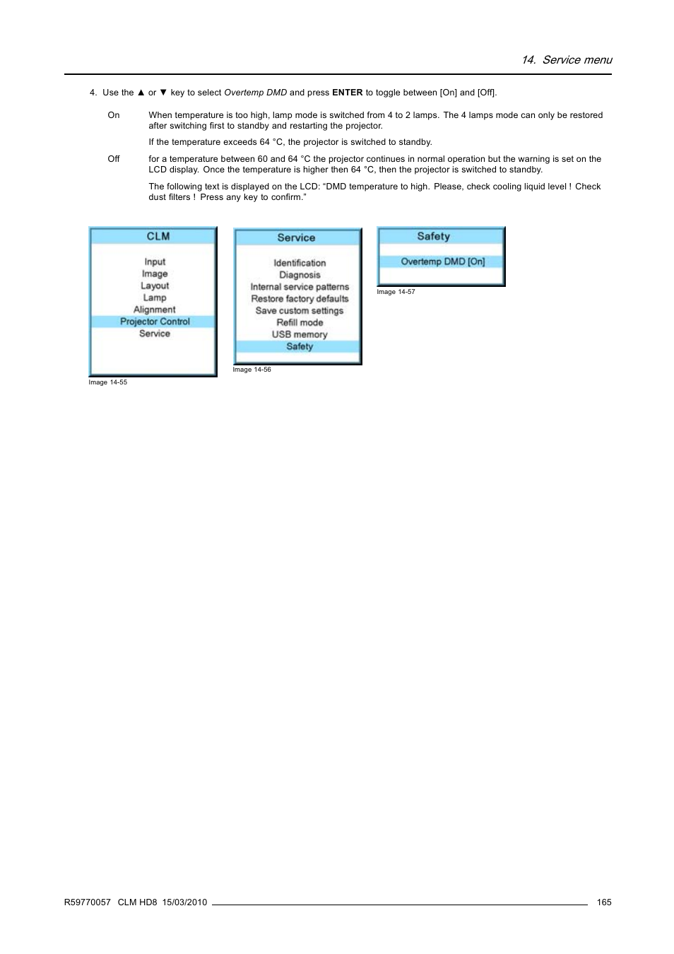 Service menu | Barco CLM HD8 R9050130 User Manual | Page 169 / 231