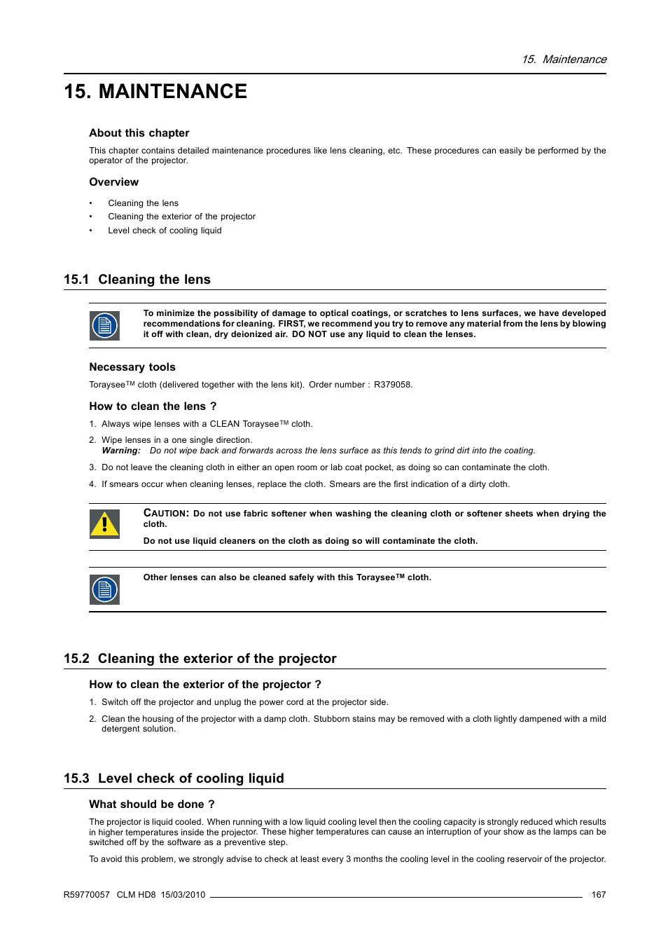 Maintenance, 1 cleaning the lens, 2 cleaning the exterior of the projector | 3 level check of cooling liquid | Barco CLM HD8 R9050130 User Manual | Page 171 / 231