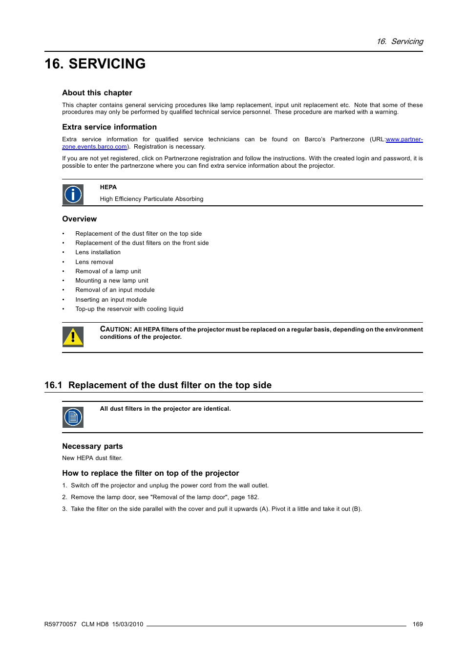 Servicing, 1 replacement of the dust filter on the top side | Barco CLM HD8 R9050130 User Manual | Page 173 / 231