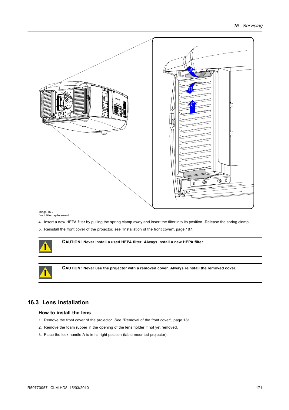 3 lens installation, Lens installation, Ab c | Barco CLM HD8 R9050130 User Manual | Page 175 / 231