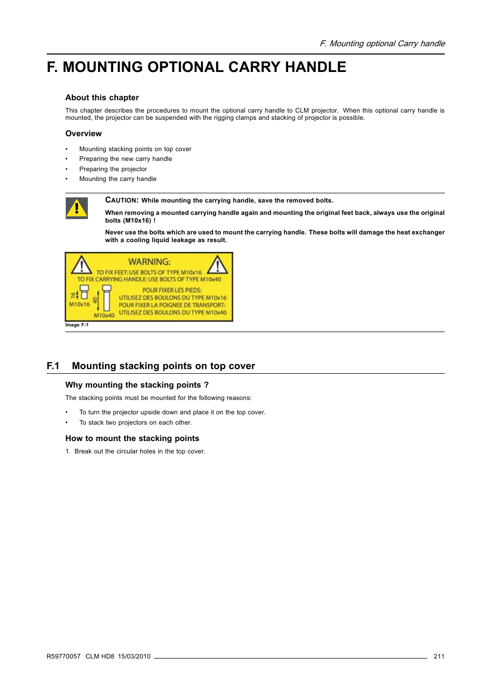 F. mounting optional carry handle, F.1 mounting stacking points on top cover, Mounting stacking points on top cover | Barco CLM HD8 R9050130 User Manual | Page 215 / 231