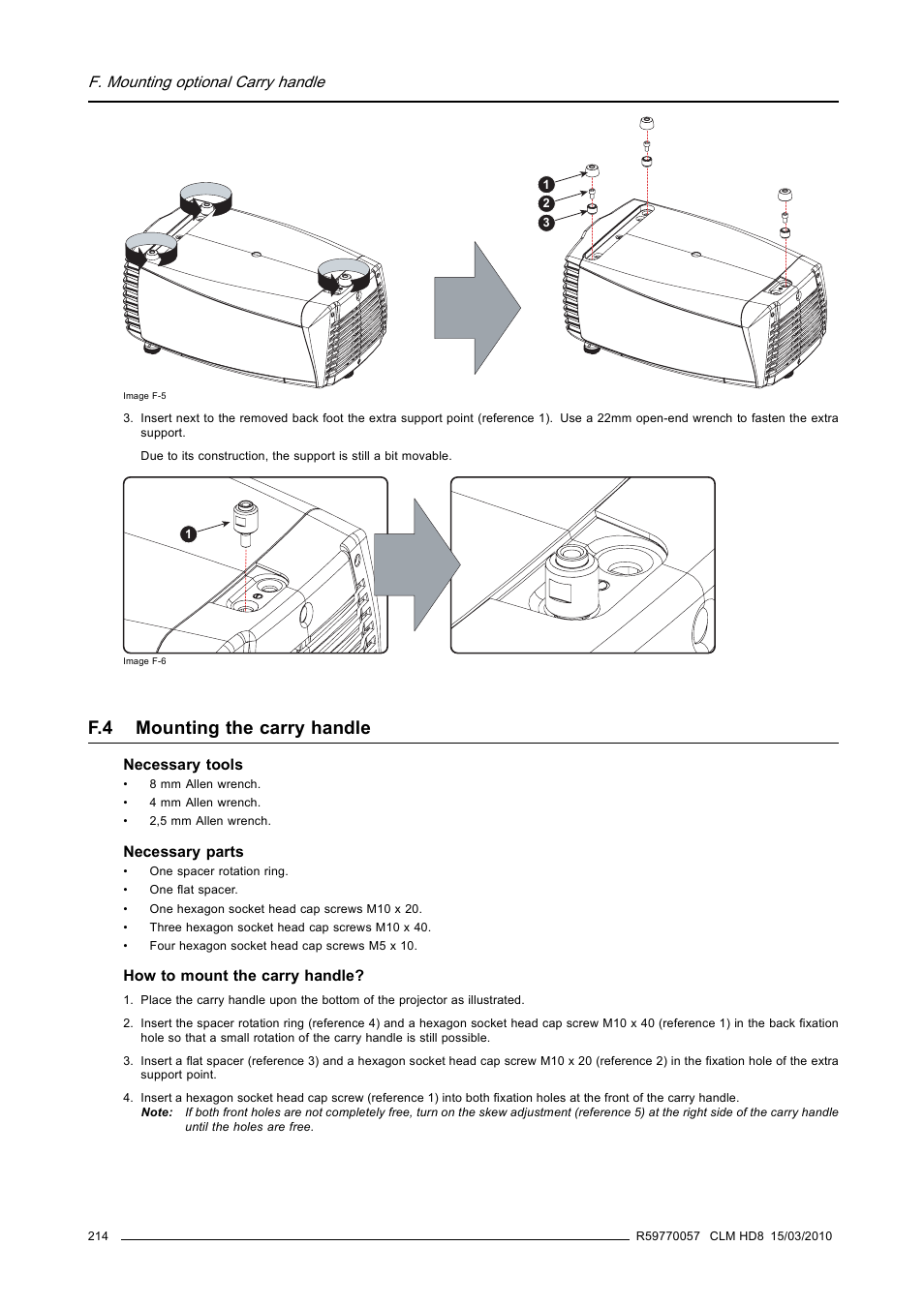 F.4 mounting the carry handle, Mounting the carry handle, F. mounting optional carry handle | Barco CLM HD8 R9050130 User Manual | Page 218 / 231