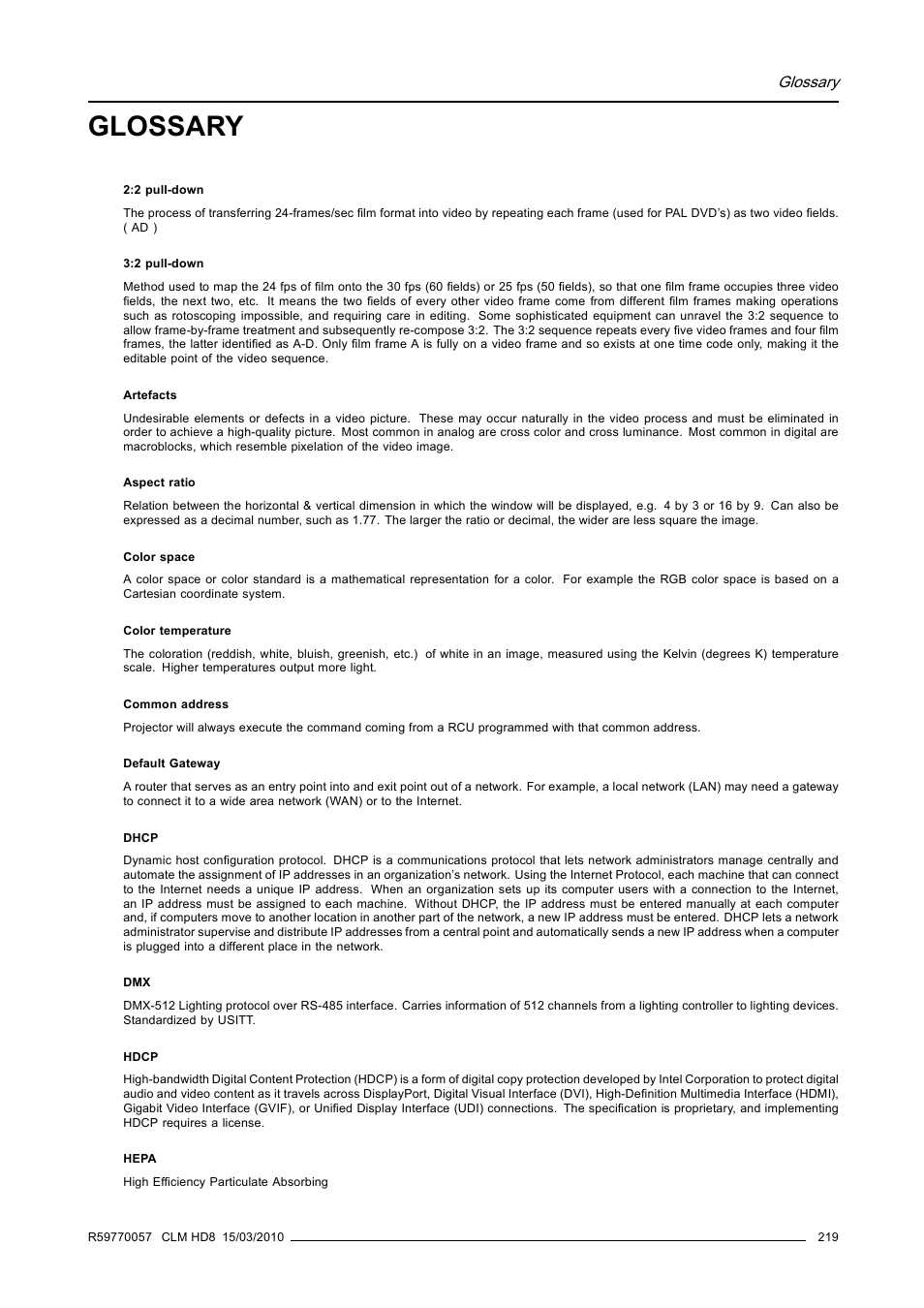 Glossary | Barco CLM HD8 R9050130 User Manual | Page 223 / 231