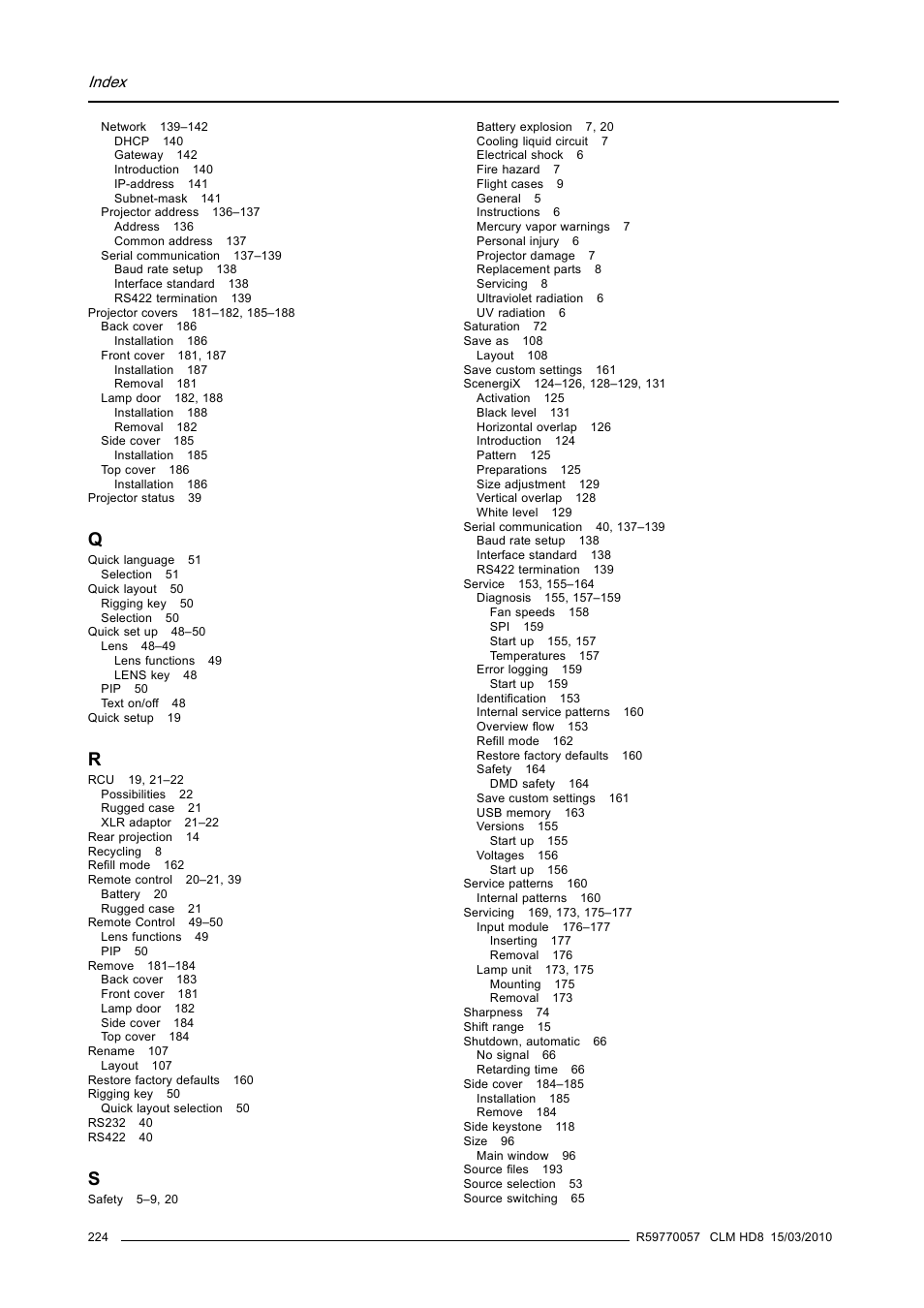 Index | Barco CLM HD8 R9050130 User Manual | Page 228 / 231