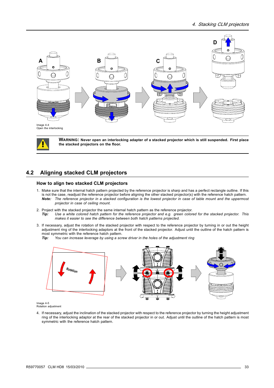 2 aligning stacked clm projectors, Aligning stacked clm projectors, Dc b a | Barco CLM HD8 R9050130 User Manual | Page 37 / 231