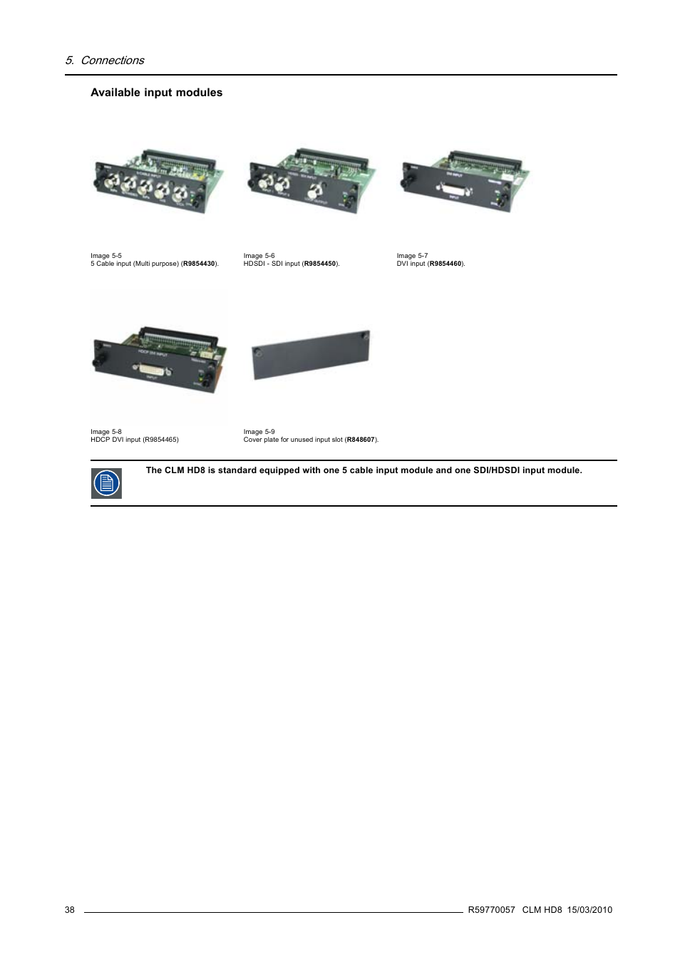 Connections, Available input modules | Barco CLM HD8 R9050130 User Manual | Page 42 / 231