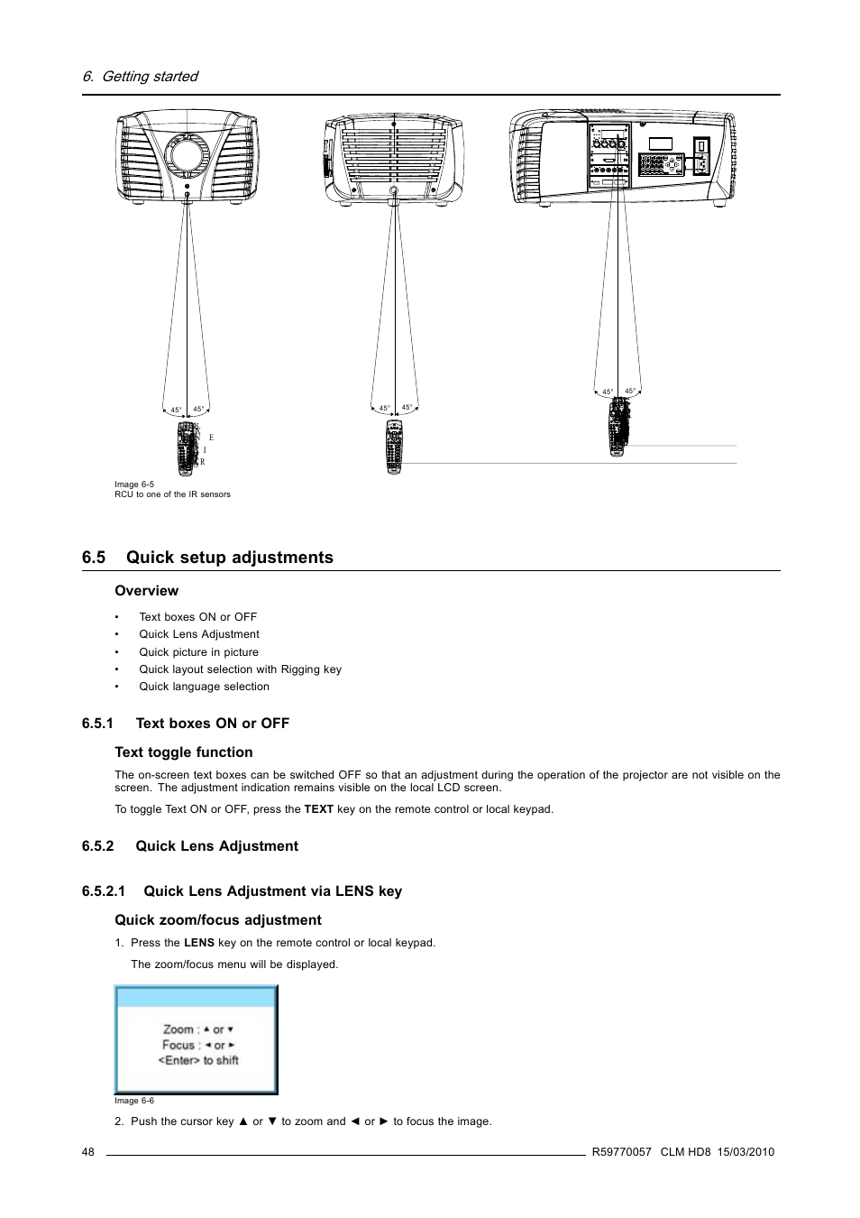 5 quick setup adjustments, 1 text boxes on or off, 2 quick lens adjustment | 1 quick lens adjustment via lens key, Quick setup adjustments, Text boxes on or off, Quick lens adjustment, Quick lens adjustment via lens key | Barco CLM HD8 R9050130 User Manual | Page 52 / 231